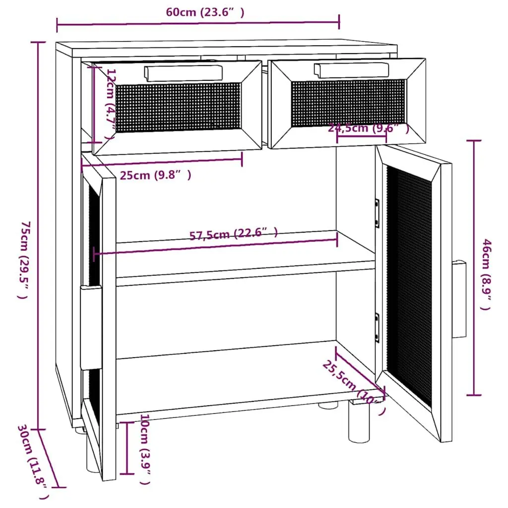 Sideboard Cabinet White 2 Drawers Rattan Door Natural Wood Feet