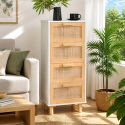 Sideboard Storage Cabinet White 40x30x90cm Drawers Rattan Solid Pine Feet