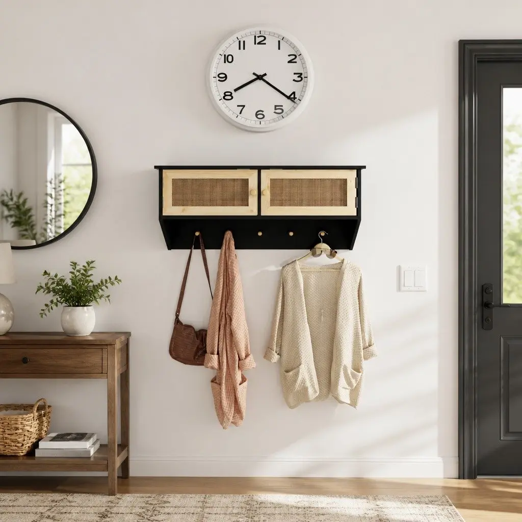 Wall-mounted Coat Rack with Storage Compartments and Hooks Black Scandinavian Style