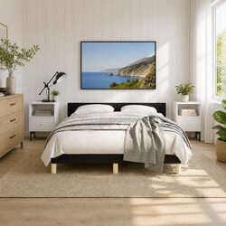 Queen Bed Frame with Headboard Black Fabric Bedroom Furniture Slat Support