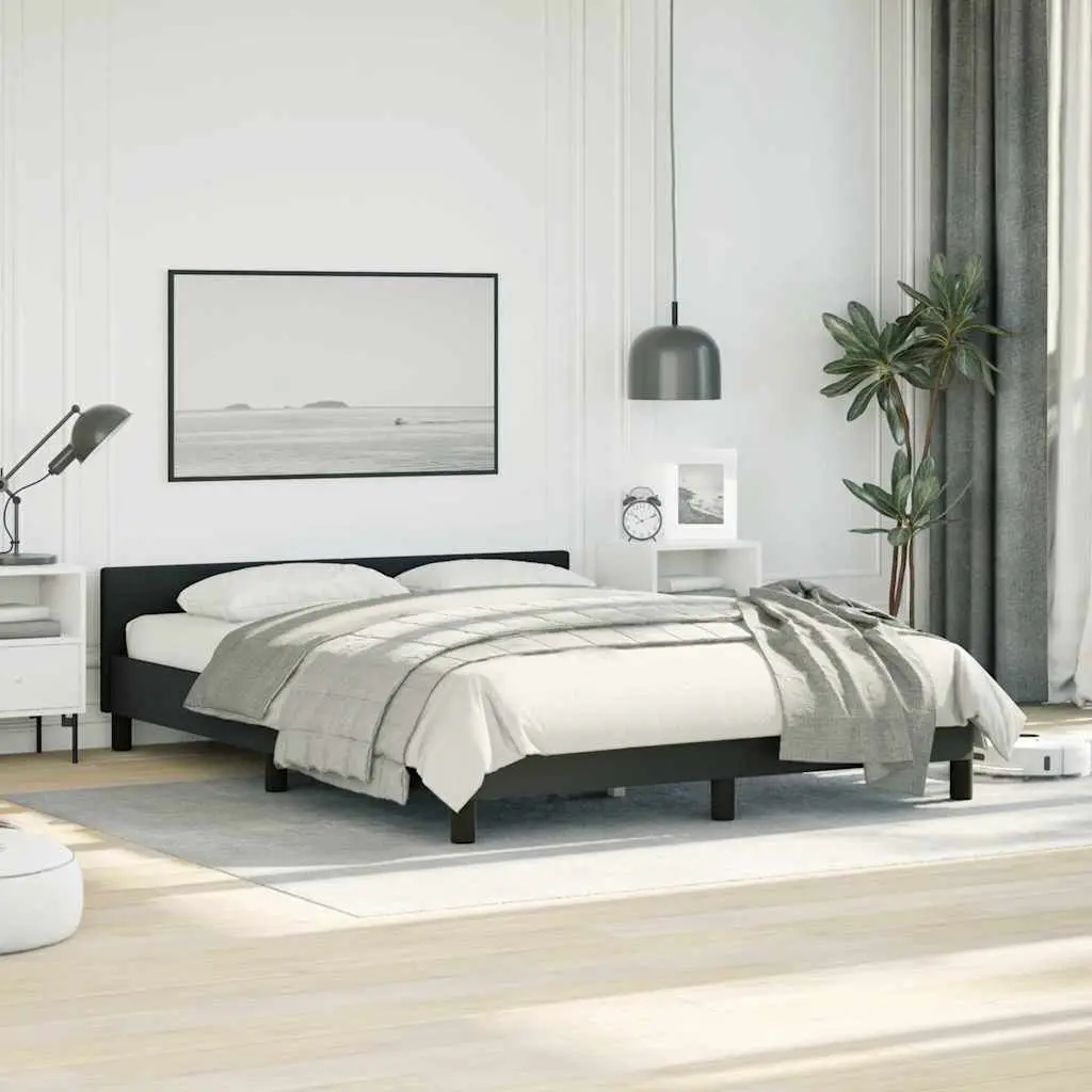 Queen Bed Frame Black Faux Leather Upholstered Platform with Headboard