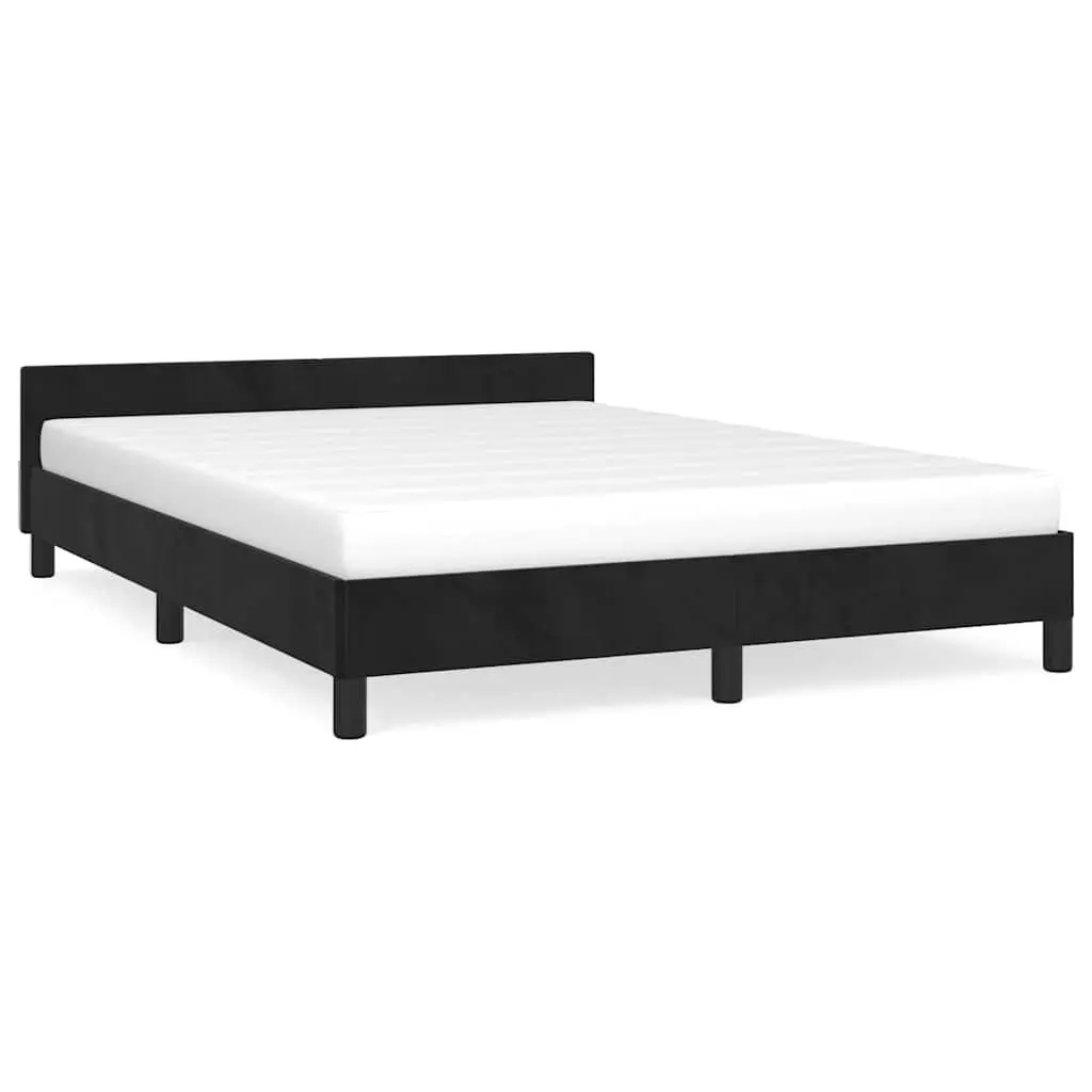Queen Bed Frame Velvet Black Soft Headboard with Plywood Slatted Base