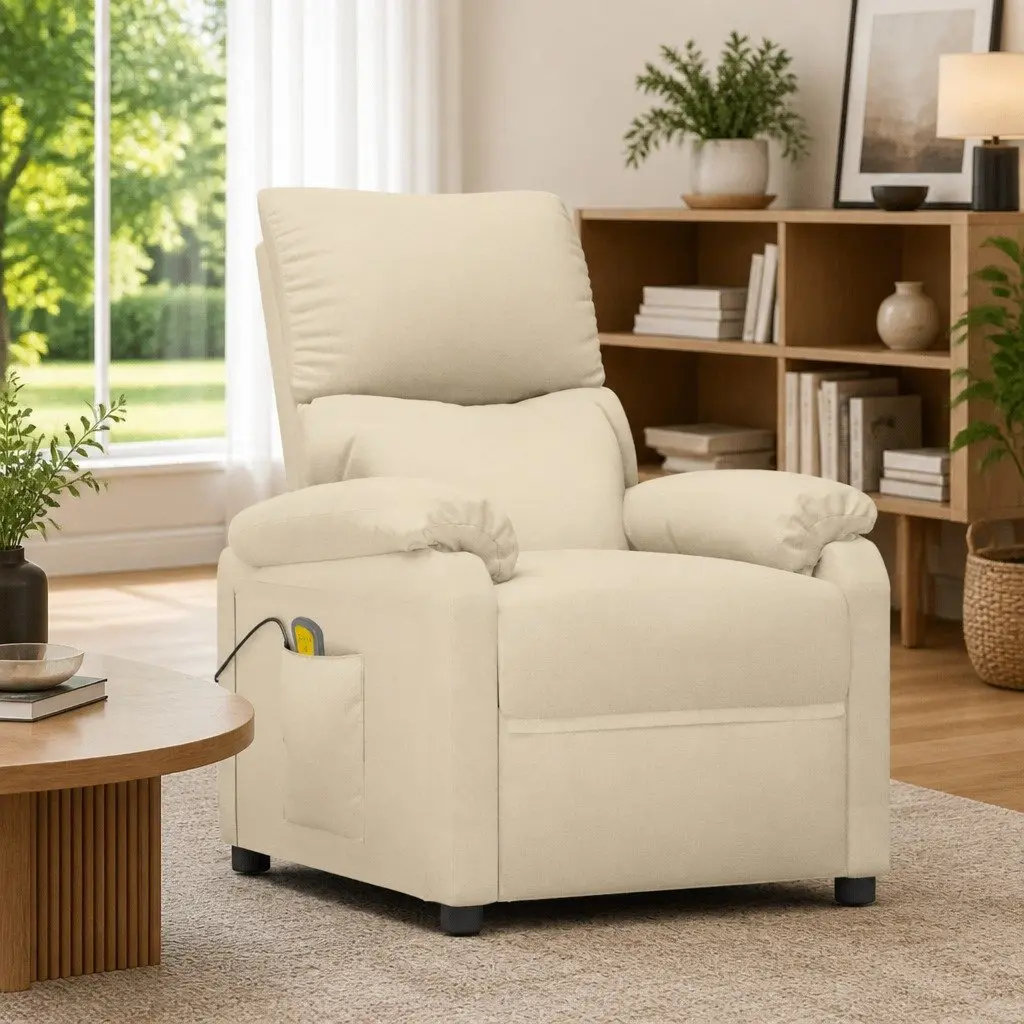 Electric Massage Chair Cream Fabric 6 Massage Points 3 Manual Reclining Positions