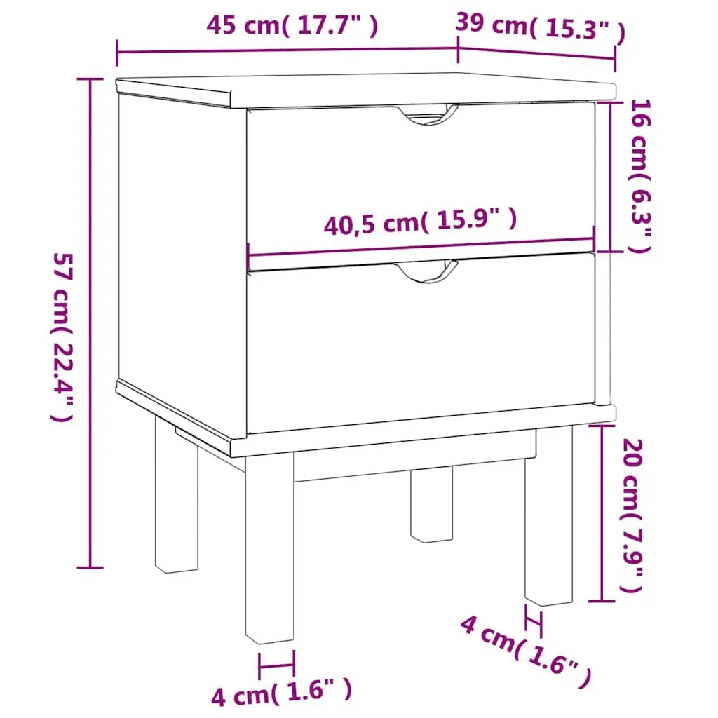 Bedside Cabinet 45x39x57cm Solid Pine Wood Two Drawers Brown