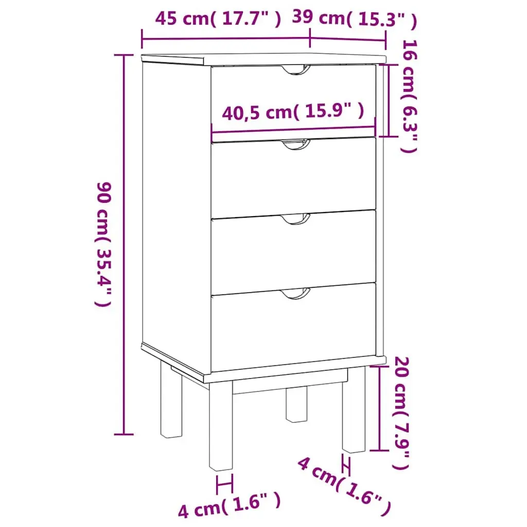 Drawer Cabinet 45x39x90cm Solid Pine Wood Chest of Drawers 4 Drawer Storage
