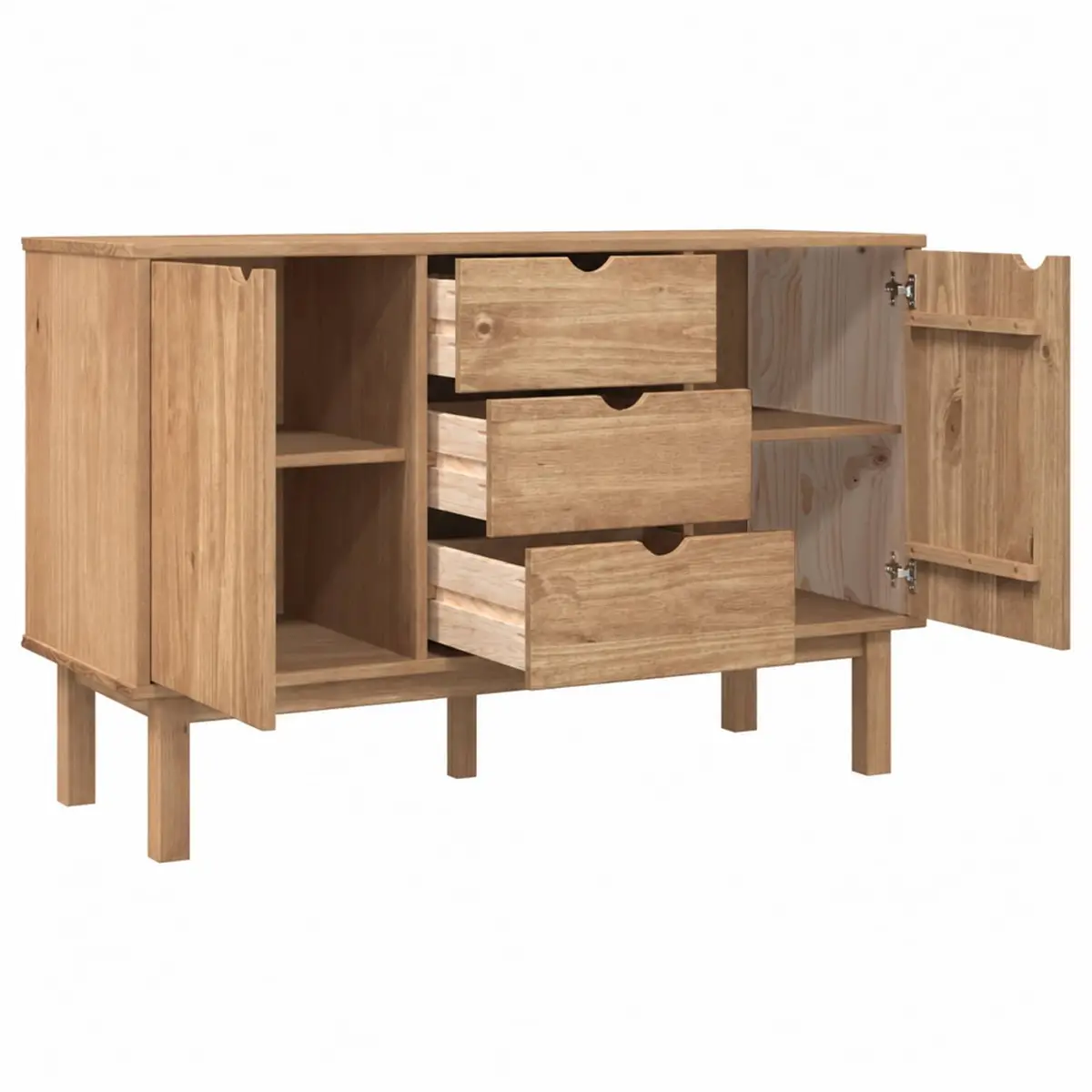 Solid Pine Wood Sideboard 3 Drawers 2 Doors Brown Scandinavian Storage