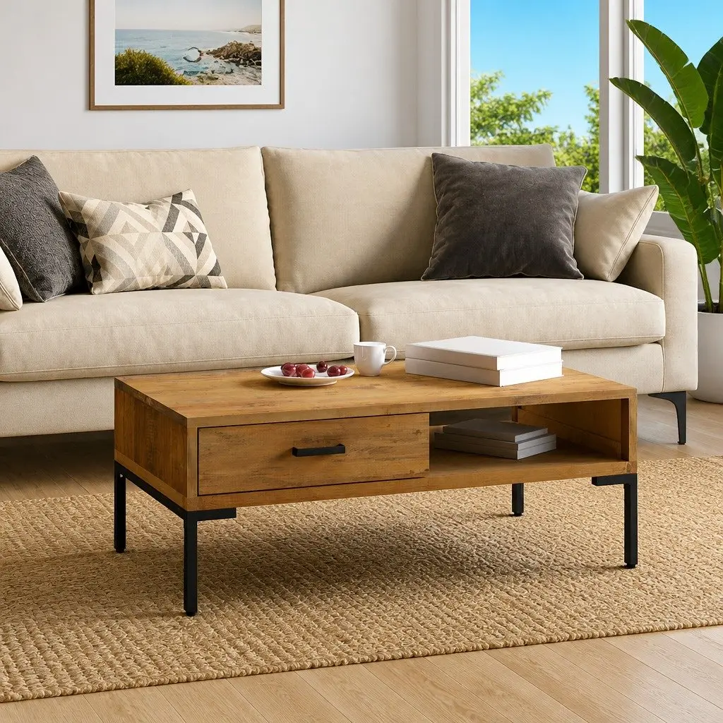 Coffee Table 90x50x35cm Wooden Solid Pinewood Construction with Drawer and Open Shelf