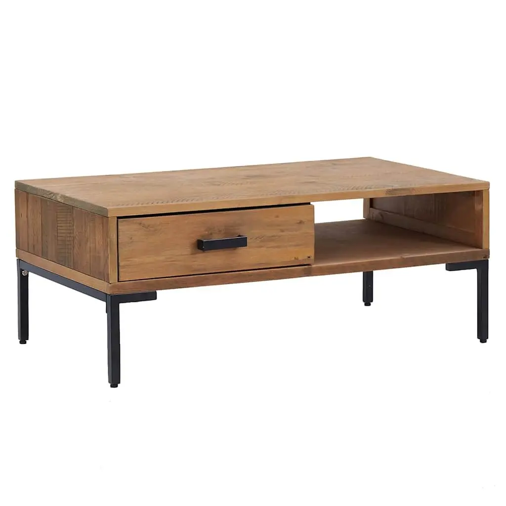 Coffee Table 90x50x35cm Wooden Solid Pinewood Construction with Drawer and Open Shelf