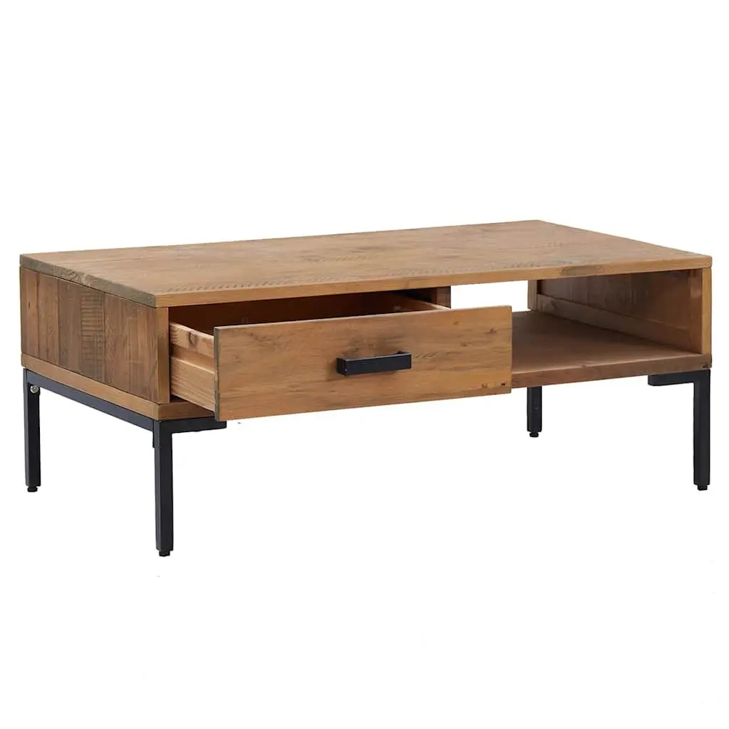Coffee Table 90x50x35cm Wooden Solid Pinewood Construction with Drawer and Open Shelf
