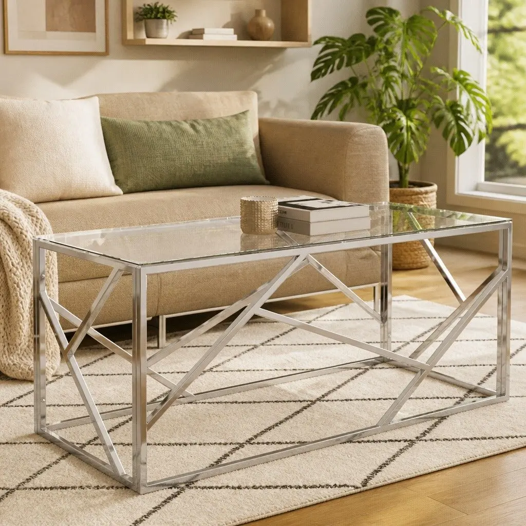 Coffee Table Silver Tempered Glass Top Stainless Steel Frame Modern Accent