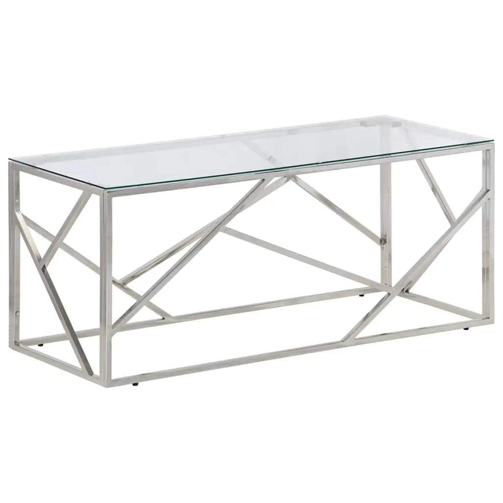 Coffee Table Silver Tempered Glass Top Stainless Steel Frame Modern Accent