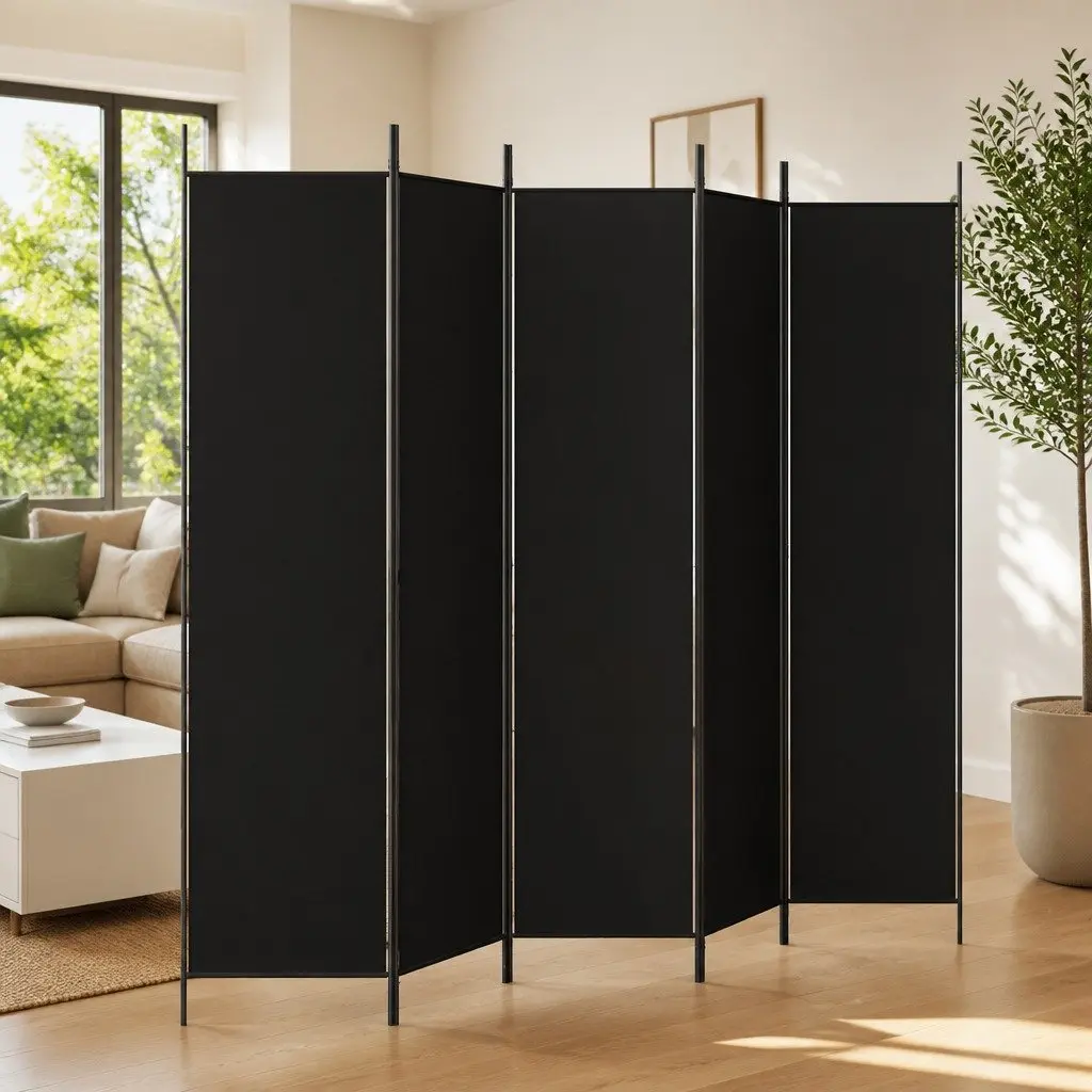 5-Panel Room Divider Folding Privacy Screen Black Fabric Space-Saving Partition
