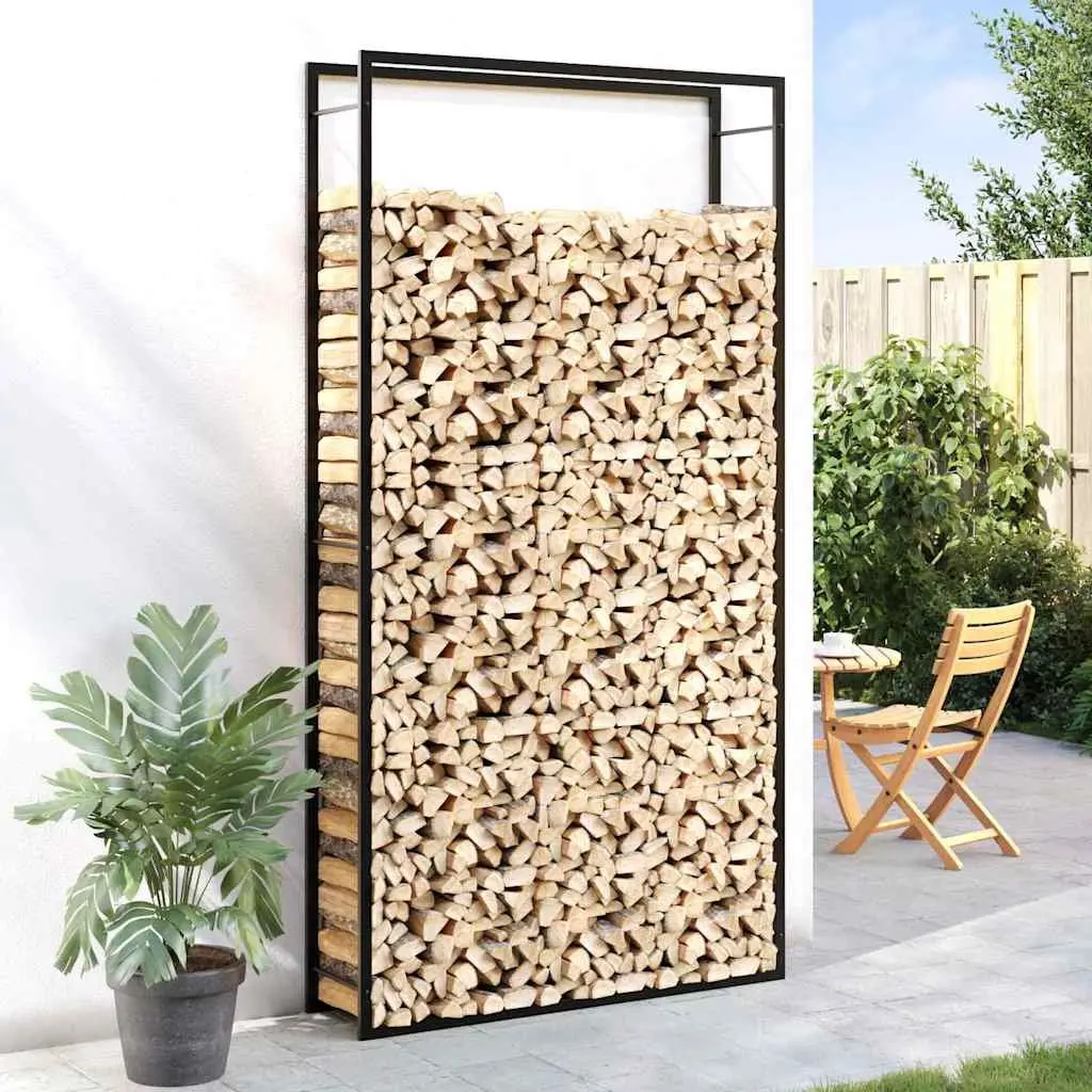 Firewood Rack Black Steel Log Storage Stand Fireplace Wood Holder 110x28x214cm