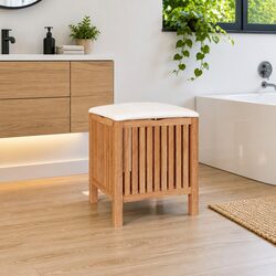 Wooden Bathroom Stool Storage Laundry Basket Seat Organizer Brown 40.5x40x52cm