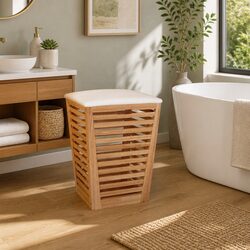 Bathroom Storage Stool Wooden Laundry Basket Seat with Cushion Lid Brown 40.5cm