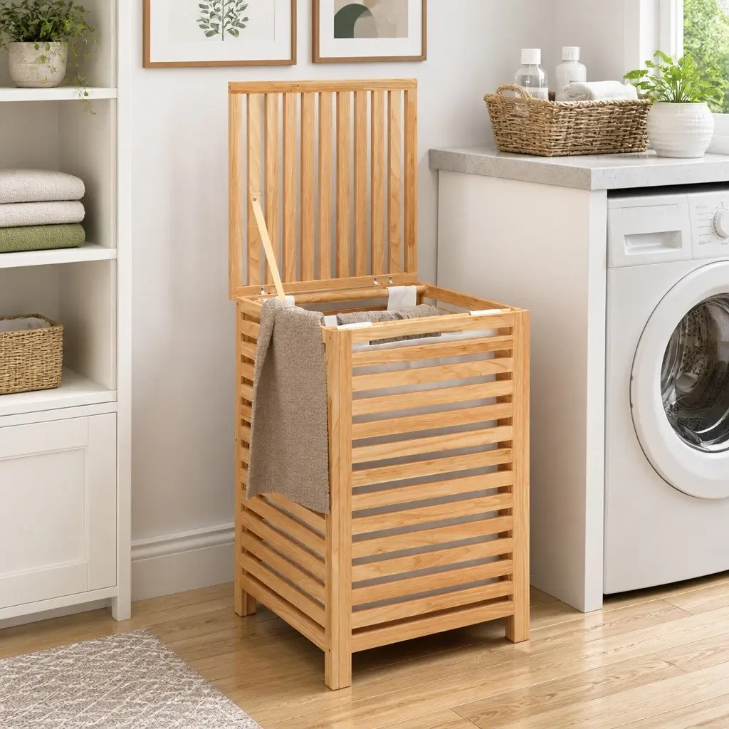 Wooden Laundry Basket 45x45x65 cm Brown Solid Wood Storage Hamper Removable Bag