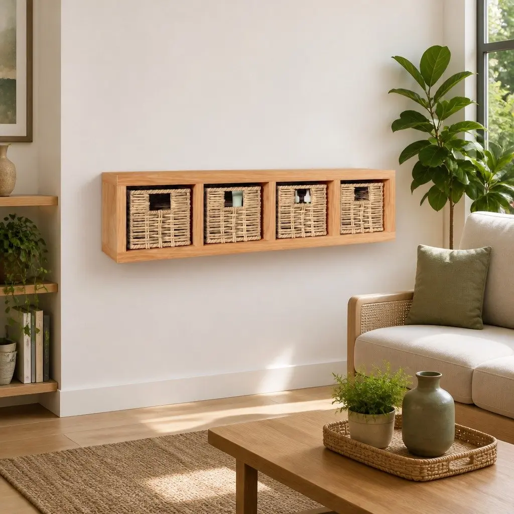Wall Shelf 62x18x16 cm Solid Wood with 4 Removable Baskets Storage Organiser