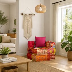 Modular Pouffe with Pillow Patchwork Fabric Multicolour Convertible Sofa Chaise