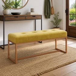 Yellow Velvet Bench Upholstered Padded Seat Living Room Entryway Furniture