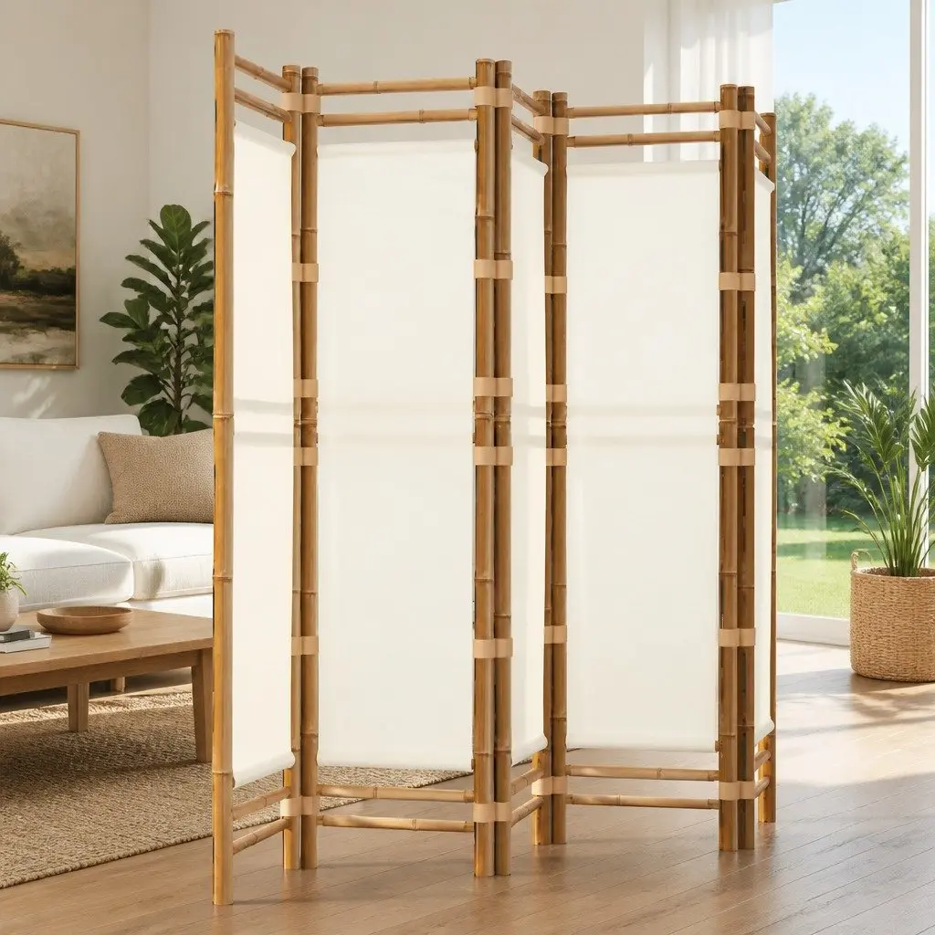 5-Panel Folding Privacy Screen Room Divider Bamboo Canvas Cream 200cm