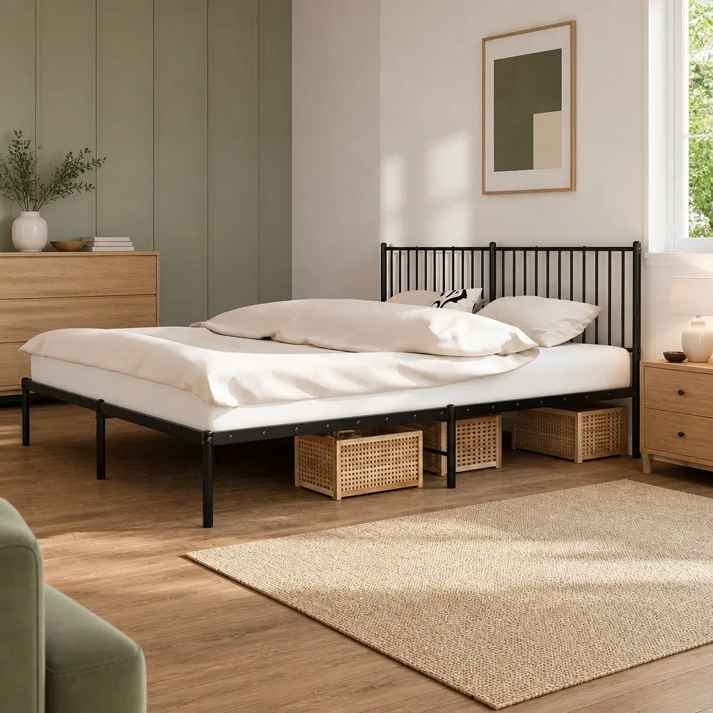 Metal Bed Frame King 183x203 cm Black Powder-Coated Steel Slatted Base with Headboard and Underbed Storage