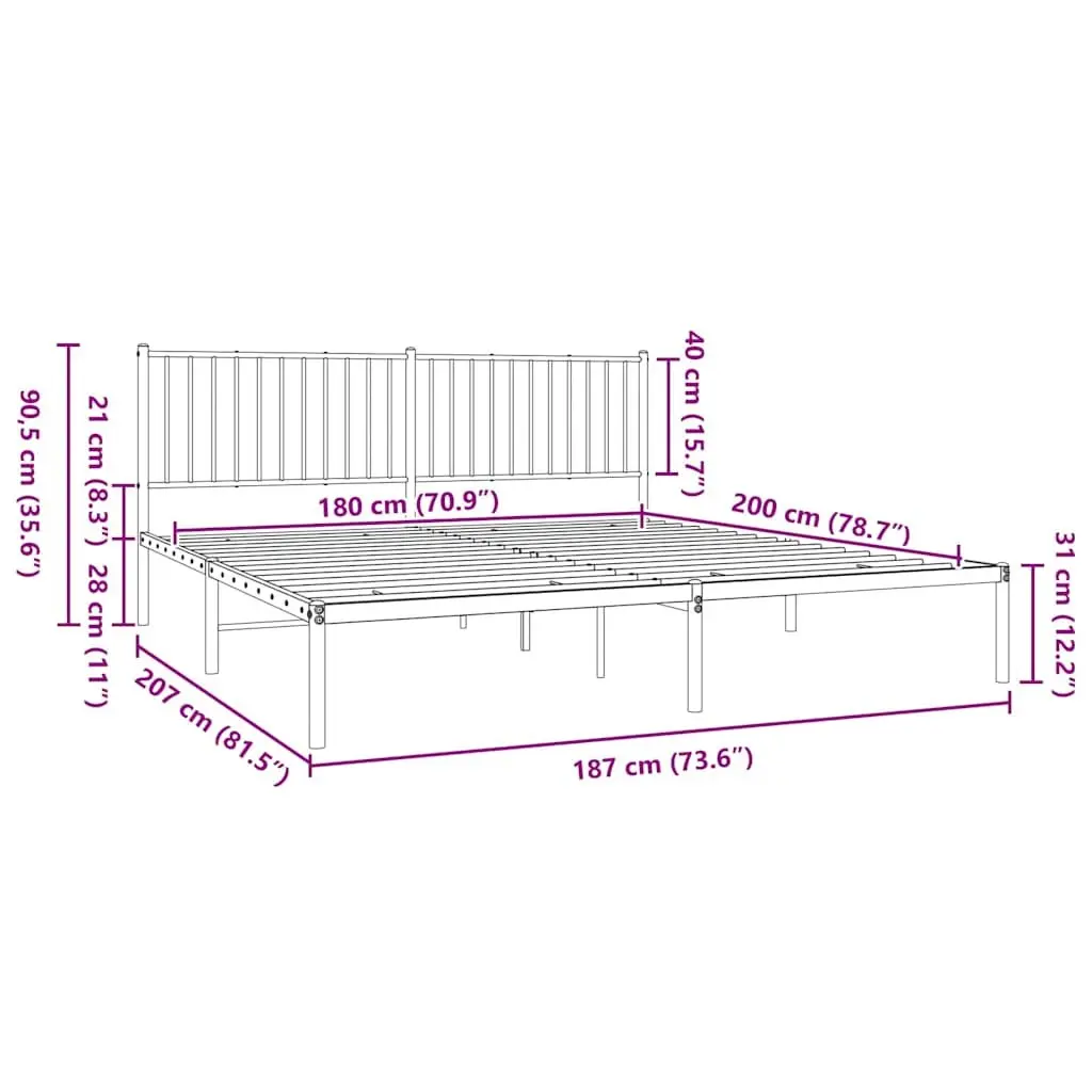 Metal Bed Frame King 183x203 cm Black Powder-Coated Steel Slatted Base with Headboard and Underbed Storage