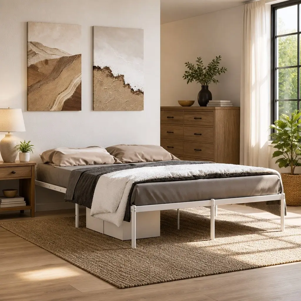 Metal Bed Frame 135x190 cm White Slatted Base Sturdy Steel Platform