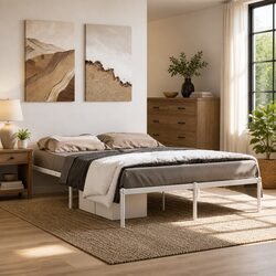 Metal Bed Frame 135x190 cm White Slatted Base Sturdy Steel Platform Bedroom