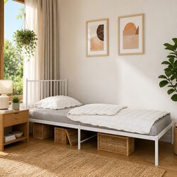 Metal Bed Frame with Headboard White 90x190 cm Slatted Base Support Storage