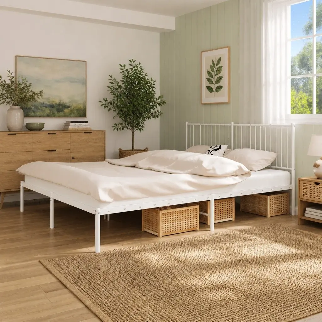 Metal Bed Frame King Size White with Headboard Steel Slats Support 183x203 cm