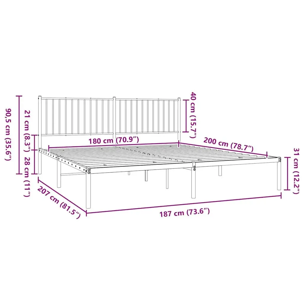 Metal Bed Frame King Size White with Headboard Steel Slats Support 183x203 cm