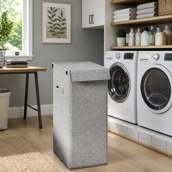 Foldable Laundry Hamper Grey 26x34.5x59.5cm Storage Basket with Handles Lid
