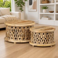 2 Piece Coffee Table Set Solid Wood Brown Accent Living Room Furniture
