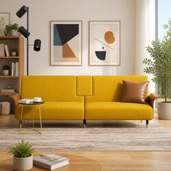 Yellow Velvet Sofa Bed with Adjustable Backrest Cup Holders Foldable Tea Table