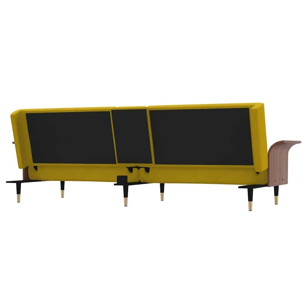 Sofa Bed Yellow Velvet Adjustable Backrest Cup Holders Foldable Tea Table