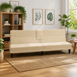 Sofa Bed with Adjustable Backrest Cup Holders Cream Fabric Sleeper Couch