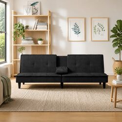Sofa Bed with Cup Holders Adjustable Backrest Black Velvet Sleeper Couch