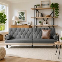 Sofa Bed with Armrests Grey Fabric Adjustable Backrest Sleeper Couch Guest Bed