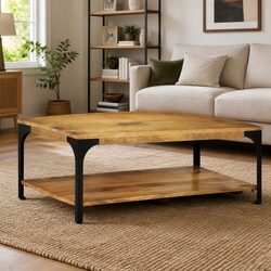 Coffee Table 2-Layer Brown Solid Wood Mango Steel Frame Living Room Storage