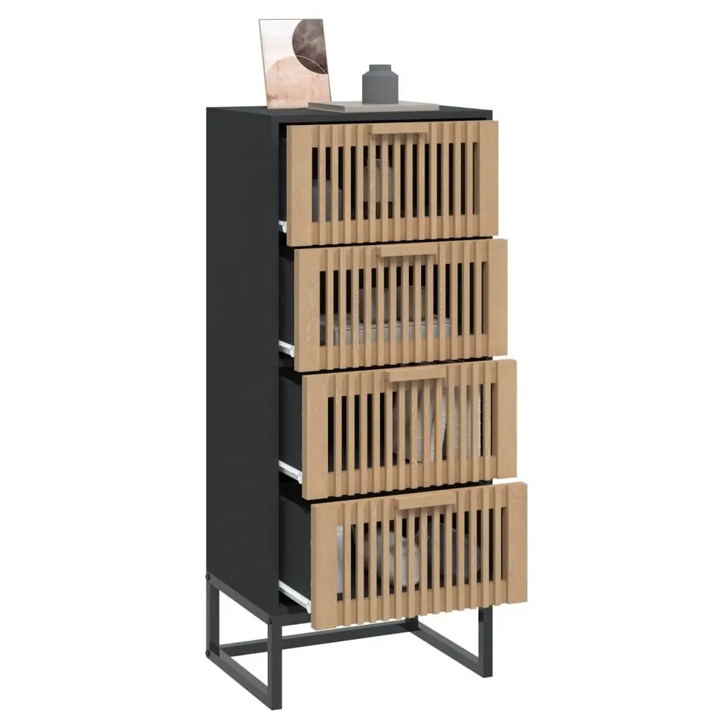 Tall Black Storage Cabinet Engineered Wood Furniture Display Unit with Wooden Drawers and Sturdy Iron Legs