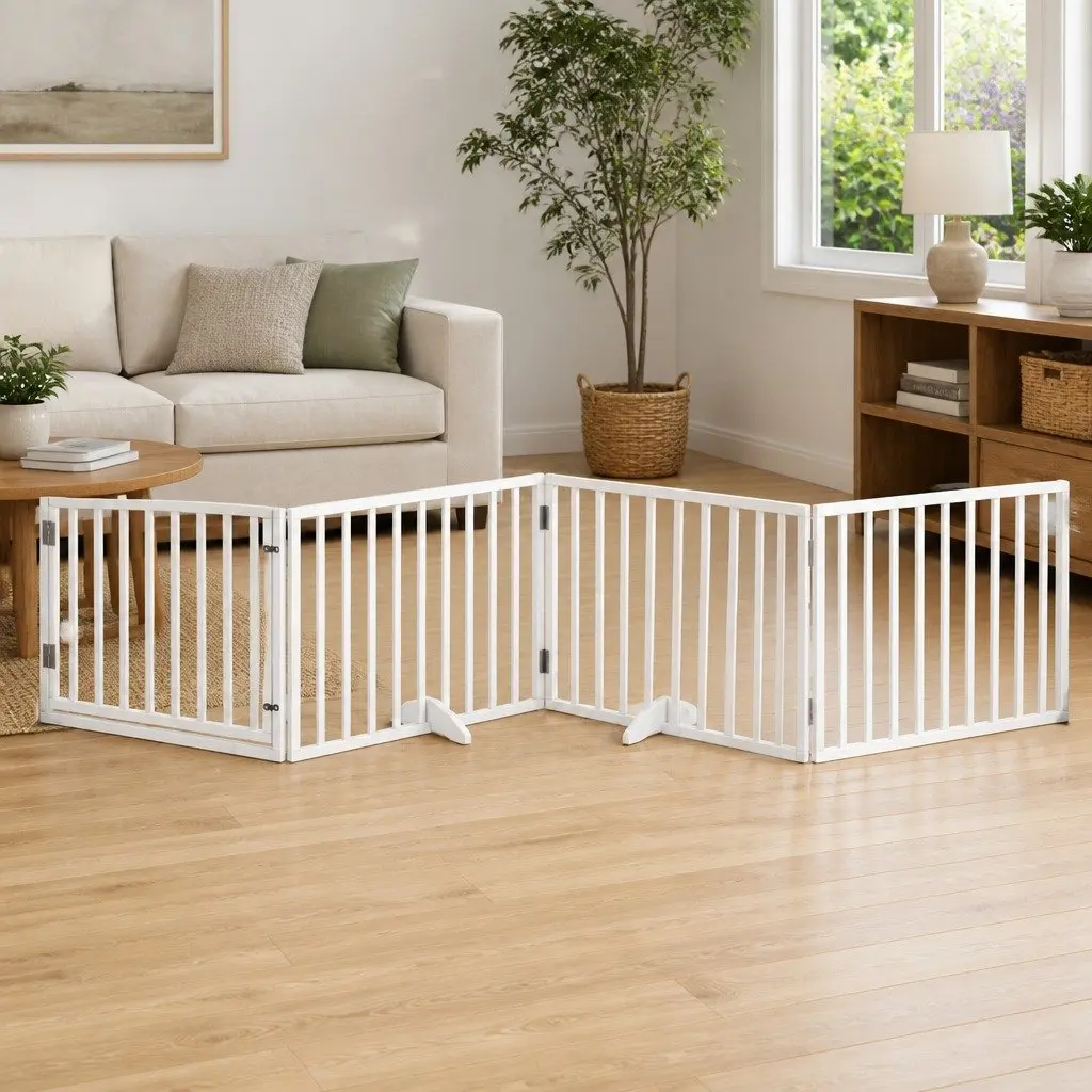 Foldable Dog Gate 4 Panels White Poplar Wood Pet Safety Barrier with Door Panel and Locks