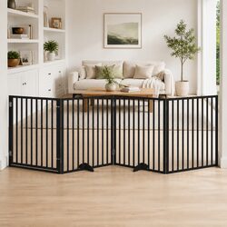 Dog Gate Foldable 4 Panels with Door Black Poplar Wood Pet Safety Barrier