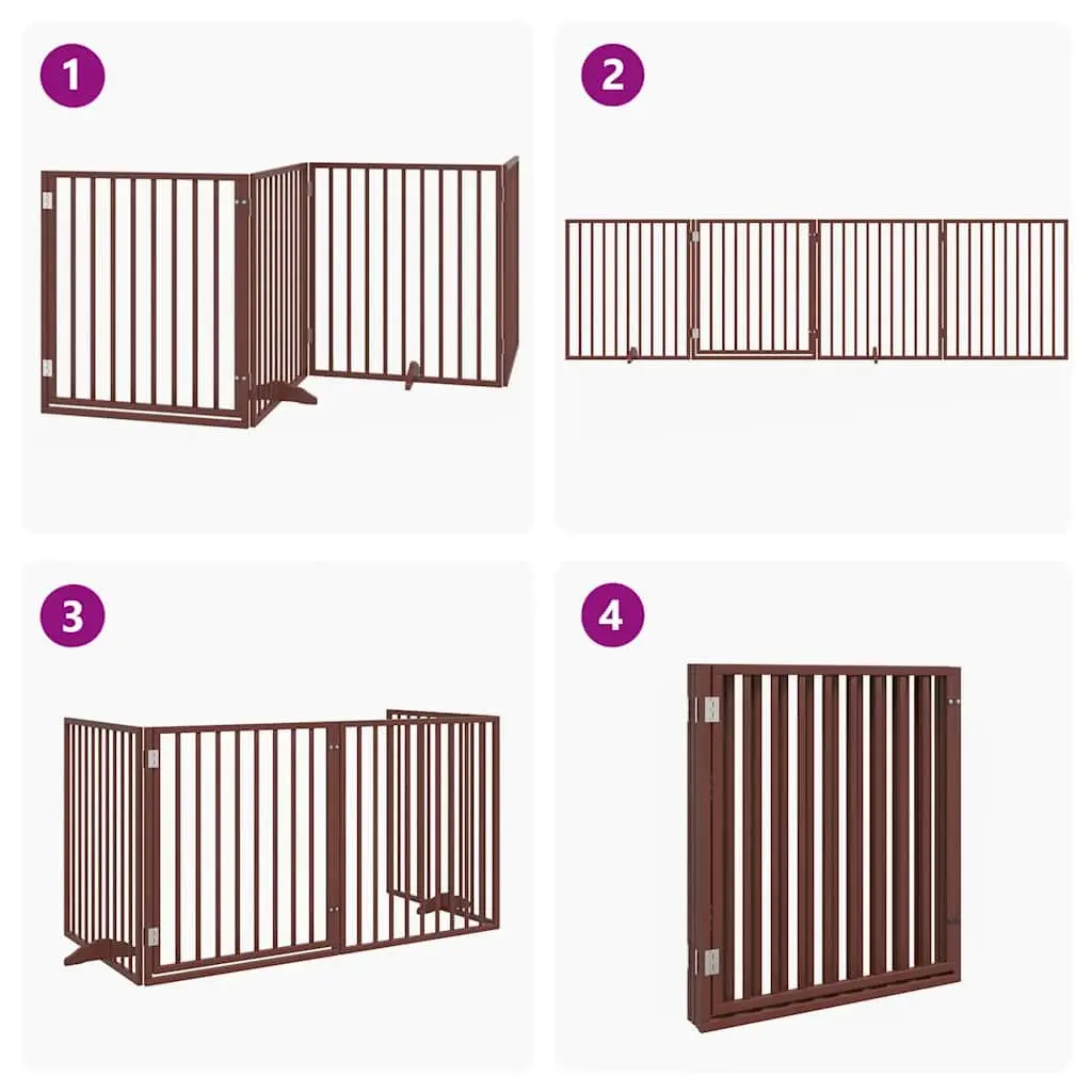 Foldable Dog Safety Barrier Gate 320cm Brown Poplar Wood 4 Panels with Door Panel and Locks for Pets