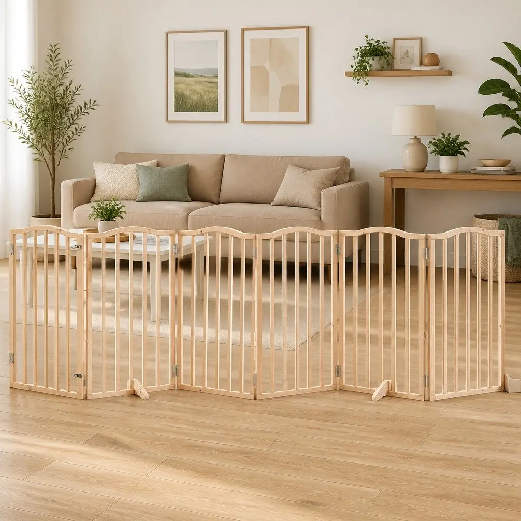 Dog Gate 6 Panel Foldable Pet Safety Barrier Poplar Wood Enclosure with Door