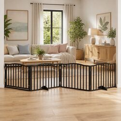 Dog Gate Foldable 4 Panels Black 320cm Poplar Wood Pet Safety Barrier Door