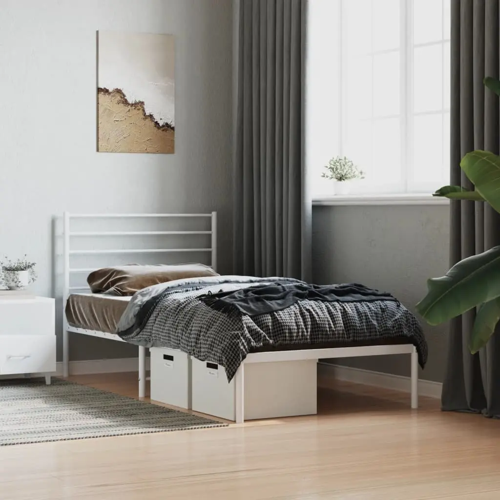 Metal Bed Frame King Single 107x203cm Powder-coated Steel Construction Headboard White