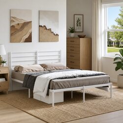 Metal Bed Frame 135x190 cm with Headboard White Steel Slats Base Bedroom