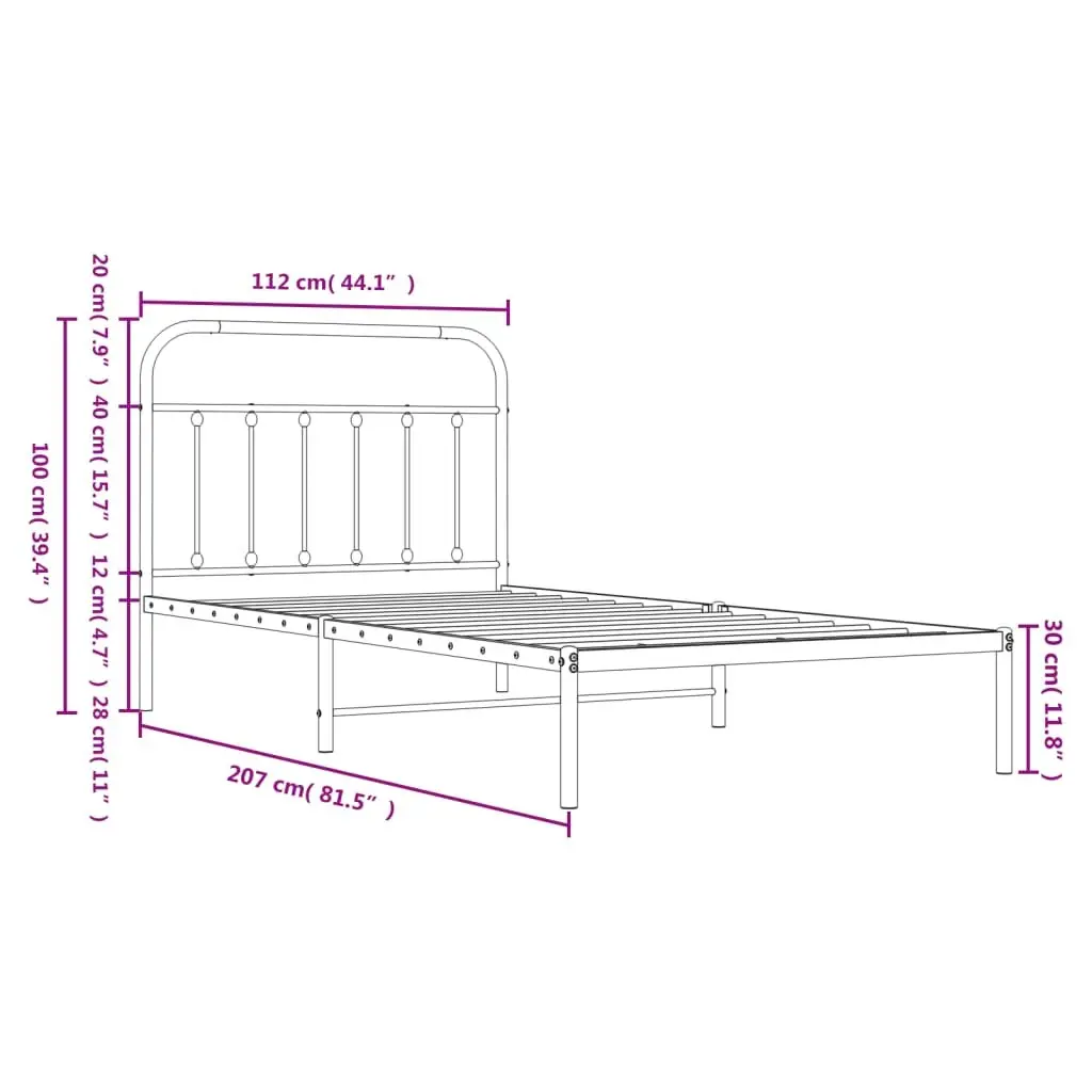 Metal Bed Frame King Single 107x203cm Black Powder-Coated Steel Platform with Headboard and Underbed Storage
