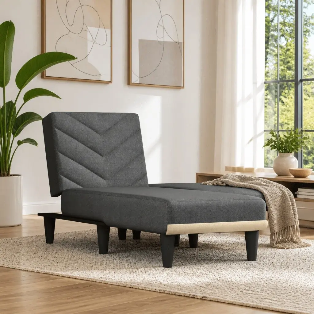 Chaise Longue Grey Fabric Reclining Lounge Chair Convertible 3 Positions