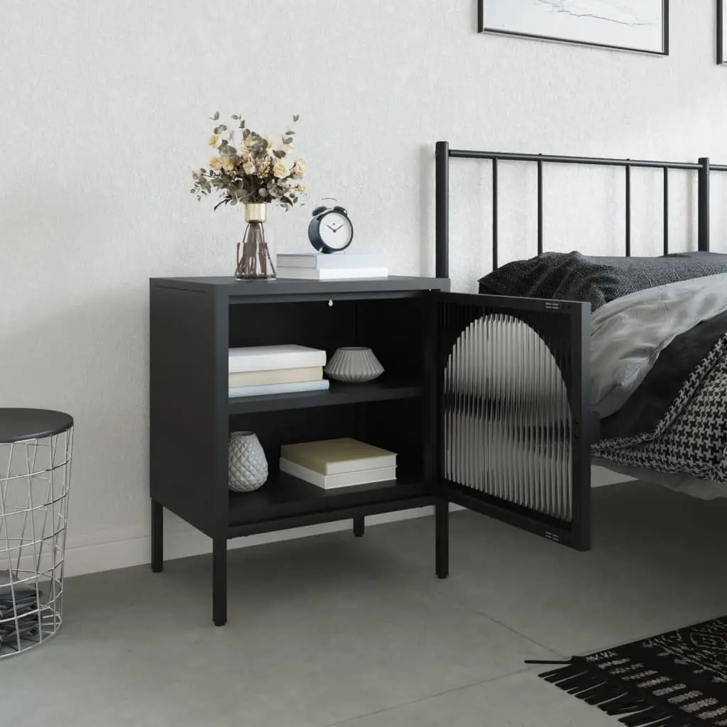 Black Bedside Table 50x35x60cm Powder-coated Steel Frame Fluted Glass Storage Cabinet Drawer